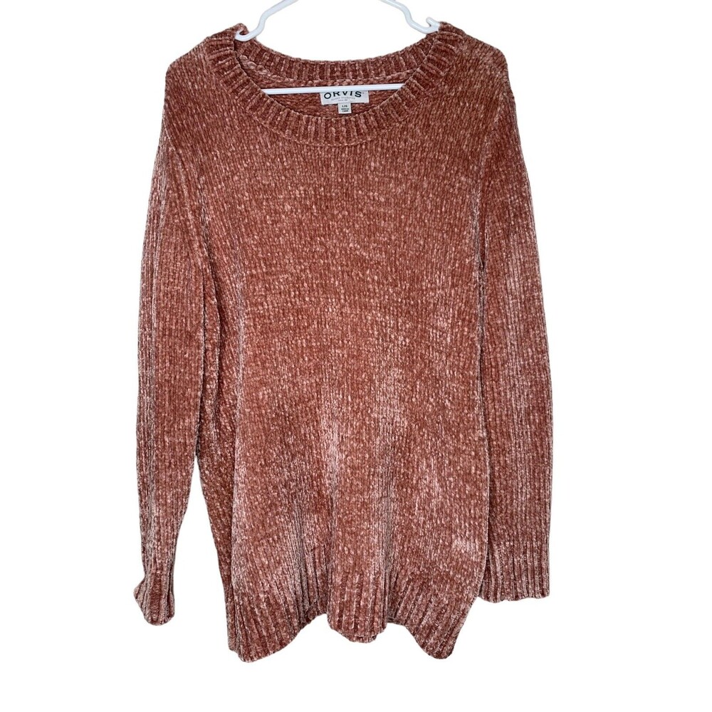 ORVIS WOMEN'S ROSE COLORED CABLE KNIT SWEATER SZ LARGE SUPER SOFT LONG PULLOVER